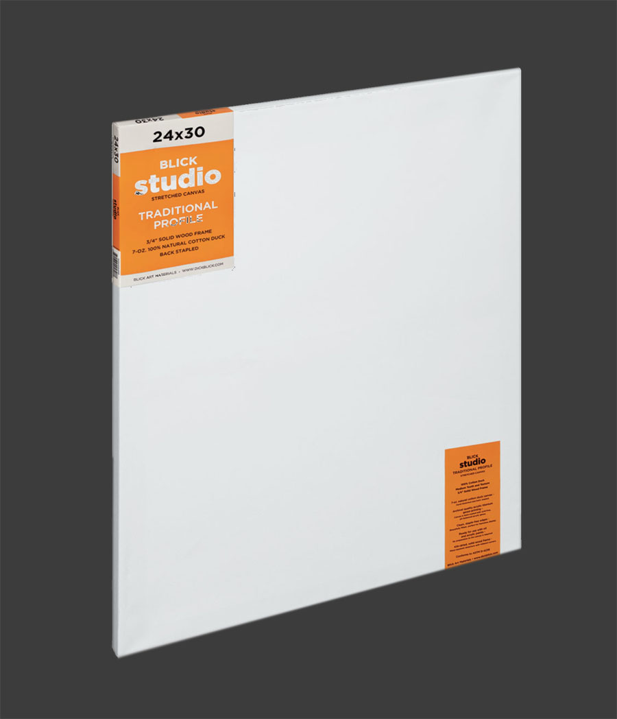 an unused premade white canvas from Blick art supply on a dark grey background
