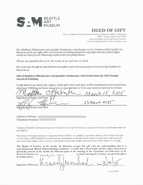 a legal document with the Seattle Art Museum logo at top and the words 'Deed of Gift'