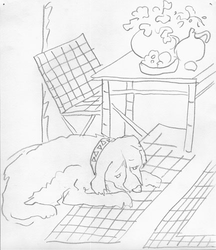 a pencil drawing of a sad dog on a gridded carpet in front of a chair and table that has a vase of flowers, a jug of wine and a bowl of fruit