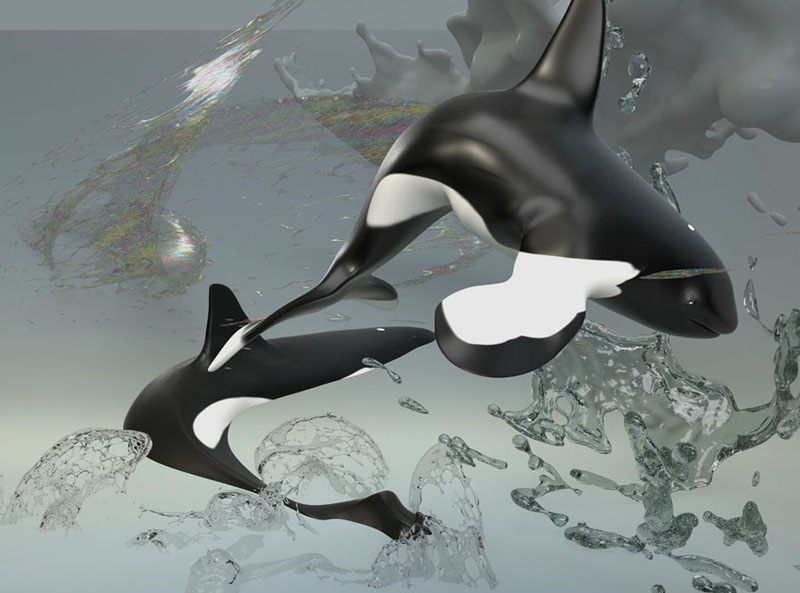 digital painting of two orca whales in a surreal water environment