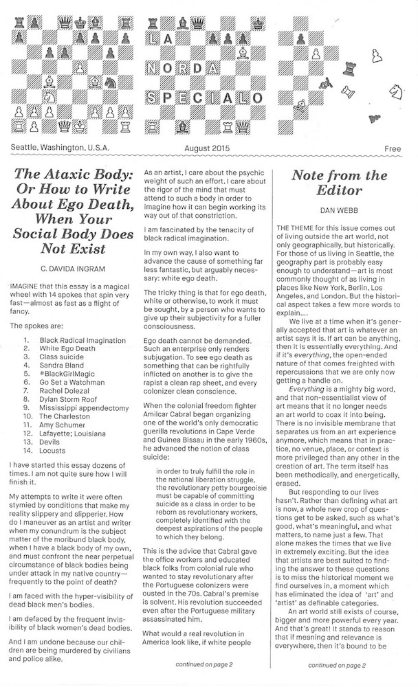 a printed newsletter with a chessboard patterned masthead that reads: La Norda Specialo and a headline that says: The Ataxic Body: Or How to Write About Ego Death, When Your Social Body Does Not Exisit' and another headline that says: Note from the Editor