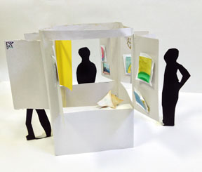 a paper model of a four-sided cabinet with open doors on all sides and three human figures looking inwards
